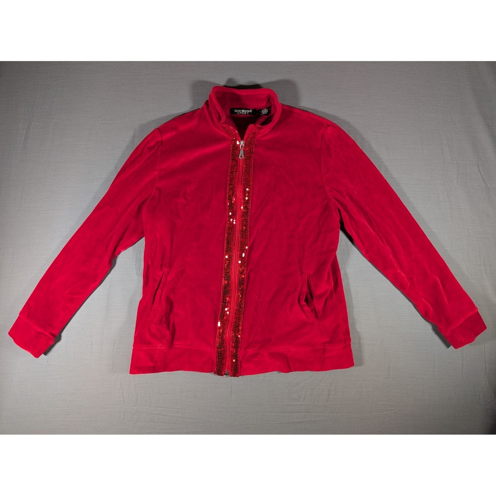 Jason Maxwell Sport Red Velour Sequin Zip Up Track Jacket Women Medium